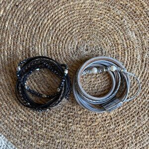 Black and Gray Beaded Leather Wrap Bracelets
